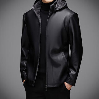 九牧王（JOEONE）2025秋冬皮毛一体立领连帽皮衣男加绒加厚休闲装皮夹克 黑色 M