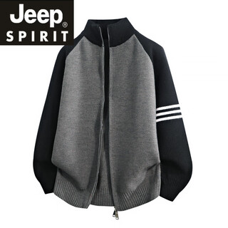 Jeep spirit jeep henry collar woolen cardigan men's autumn and winter contrast color splicing casual jacket 2025 new knitted wool clothes gray m