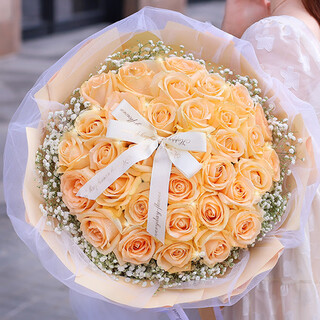 Baihuaguan flowers 33 roses and baby's breath bouquet real flower birthday gift for girlfriend and wife, same-day delivery in the same city, deep love, 33 champagne roses + baby's breath | aa58
