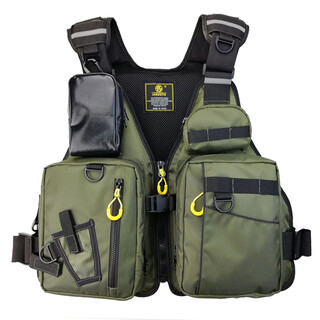 Ledi large buoyancy fishing life jacket, professional marine rock fishing vest, multi-functional lure vest, sea fishing clothing equipment, fishing life jacket, military green, one size fits all, adjustable size