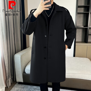 Pierre cardin men's loose mid-length versatile single-breasted woolen coat new autumn and winter comfortable casual windbreaker handsome coat black l