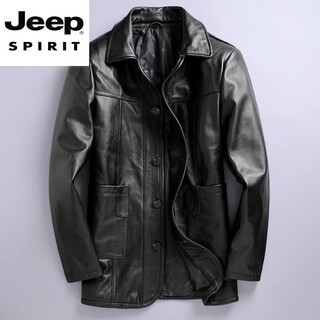 JEEP SPIRIT秋冬皮夹克男士商务休闲中长翻领层牛皮男士皮夹克时尚男士大码 黑色头层牛皮1096款 M 170