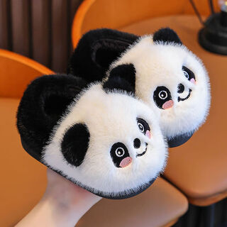 Bangboshi children's cotton slippers with heel winter men's and women's panda plush warm and non-slip cute home parent-child baby cotton shoes black upgraded heel 28-29 sizes