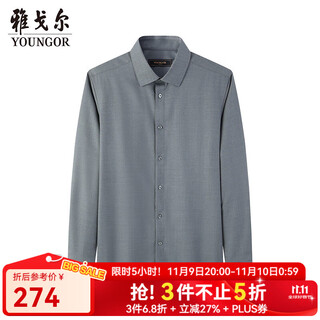 Youngor shirt men's autumn and winter young men's long-sleeved shirt wool blended fabric solid color shirt gray plain vlqw119708dba 44 (185/108a)