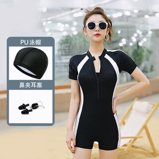 Nanbomaru 2022 new one-piece swimsuit for women, conservative belly-covering, swimming pool special, long-sleeved, short-sleeved, hot spring surfing, one-piece swimsuit + swimming cap + nose clip earplugs, short-sleeved style m