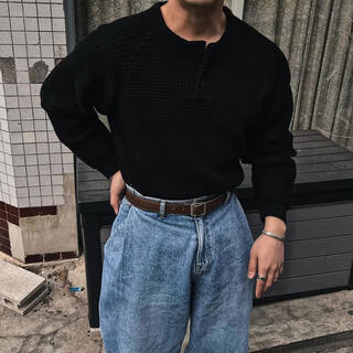 Zier american workwear sweater men's large size 300 jin jin equals 0.5 kg waffle henry collar knitted bottoming shirt autumn loose long black l recommended 100 to 120 jin jin equals 0.5 kg