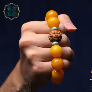 Manla jade pei baltic sea natural beeswax bracelet men's laoshan sandalwood pixiu chicken oil yellow bracelet round beads about 16mm beeswax bracelet