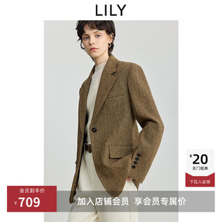 Lily 100% wool 2025 winter new style retro old money style thickened temperament commuter brown suit jacket for women 710 coffee l