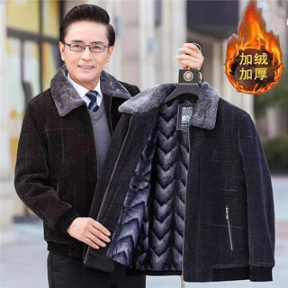 Kingxiaojing middle-aged and elderly chenille cotton-padded jacket, middle-aged and elderly men's dad's winter clothing, wool-lined thickened cotton-padded jacket for grandpa, autumn and winter cotton, fur collar, black and gray to keep warm l 170 80-100jin jin is equal to 0.5 kg