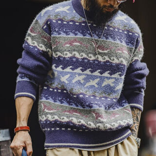 Madden workwear american retro fair isle sweater men's winter loose round neck thickened warm outerwear men's pullover sweater navy blue sweater men's 2025 new winter/sweater men's high-quality/sweater men's l loose fit, can take one size smaller