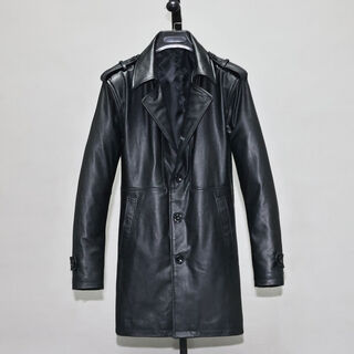 头层薄软牛皮真皮皮衣男女修身中长款青年翻领休闲商务风衣外套瓜 单款-黑色薄软牛皮 M M建议100-129斤