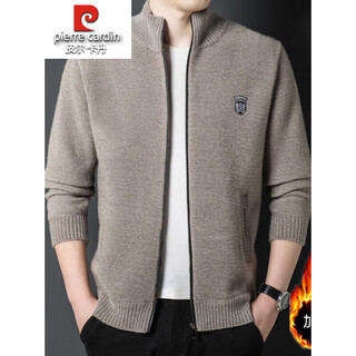 Pierre cardin wool cardigan jacket 100% wool autumn and winter men's stand collar thickened zipper casual wool knit sweater khaki xl