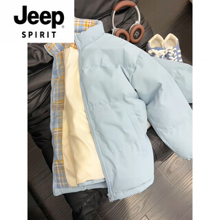 Jeep spirit blue and white lightweight down jacket men's winter plaid splicing jacket american couple stand collar bread jacket blue m (suitable for 100-115 jin jin equals 0.5 kg)