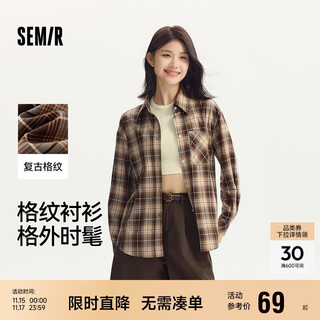 Semir long-sleeved shirt for women mid-length lazy loose off-shoulder autumn chic retro plaid shirt 101524105004