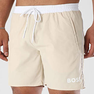 Boss men's swimming trunks quick-drying and breathable beige solid color beach vacation shorts simple medium red one size | xlarge