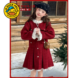 G.duck girls' great-looking winter dress, small fragrant style new year's dress, red rich family dress, children's princess skirt, red dress 150 cm, recommended height 140-150cm