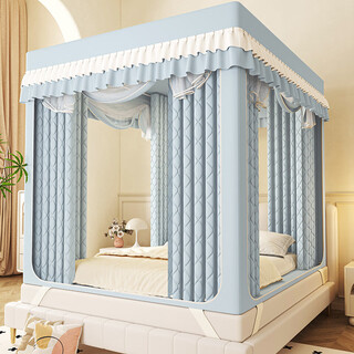 Fantasy winter warm and thickened quilted blackout bed curtain mosquito net integrated three-door baby anti-fall and dustproof bed curtain blue gray mosquito net + pole + 4 pieces of quilted curtain 120x190 back bottom - with thickened splicing-free bracket
