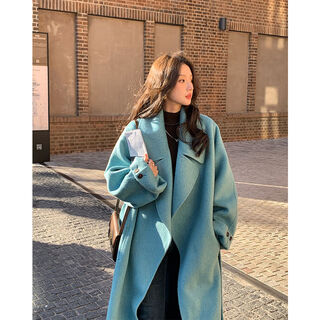 Zhuyiyi zhuyiyi blue long high-end double-sided woolen cashmere coat for women 2024 winter new style lace-up woolen coat dream blue ready in stock in seconds s s