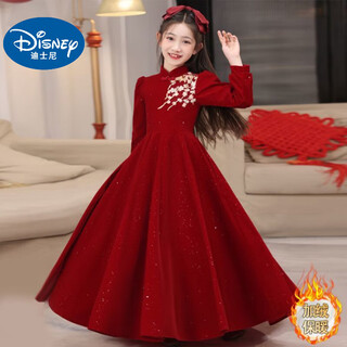 Disney (disney) girls dress long sleeve dress 2025 autumn and winter new medium and large children's clothing red new year style embroidered long dress red velvet style 150 (upgraded style)