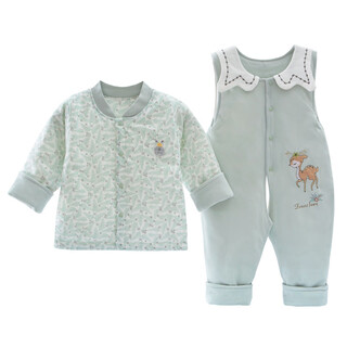 宝宝薄棉衣抱婴袋裤套装婴儿春秋双层夹棉衣服小孩保暖连身裤两件 7436 绿色 80 (建议16-20斤)