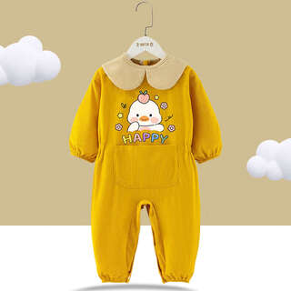 宝宝连体衣吃饭罩衣爬行服儿童全身防脏爬爬服儿婴儿衣服 黄色大胖鸭条绒 90 cm[建议0-1岁]