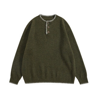 Xbro american retro vintage spring and autumn wool blended lazy henry collar sweater pullover sweater for men and women dark green g076 wool sweater in stock m m loose and too large