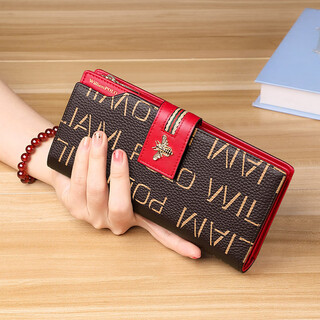 British paul anti-theft brush wallet for women, long leather wallet, large capacity, multiple card slots, multi-functional clutch bag, female birthday gift, red first-layer cowhide, anti-theft brush, anti-degaussing, wrist strap - 18 card slots