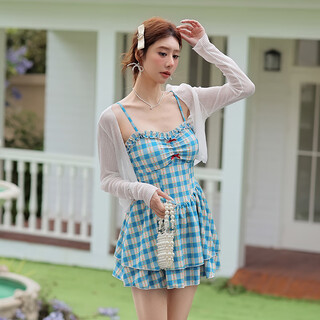 Ann and luo shiqi's new girly blue pattern cute conservative fat one-piece swimsuit women's cover-up two-piece sun protection swimsuit hot spring picture color m