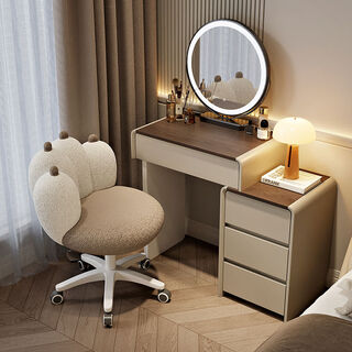 Others 2025 new small apartment dressing table bedroom cream style solid wood simple light luxury dressing table and cabinet integrated 60cm dressing table + cabinet + round mirror + storage pumpkin stool the whole decoration only needs to install the foot cream white-walnut color solid wood desktop + three drawer cabinet