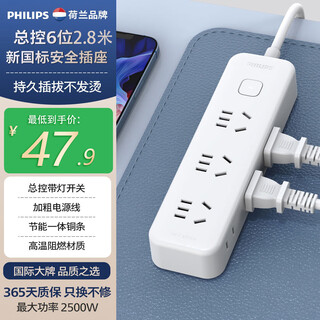 飞利浦（PHILIPS）小插排插座插头6位2.8米插线板迷你超薄接线板