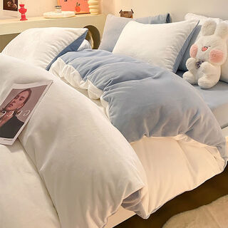 He jiagong milk velvet quilt cover single piece winter season thickened quilt cover plus velvet single coral flannel quilt cover plush milk white + baby blue double-sided milk velvet for extra warmth 150x200 milk velvet quilt cover single piece