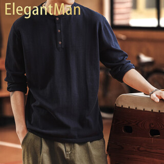 Elegantman blue deer american tough guy henry collar long sleeve sweater men's autumn and winter loose soft warm bottoming shirt navy s _suitable for 90-110jin jin is equal to 0.5 kg