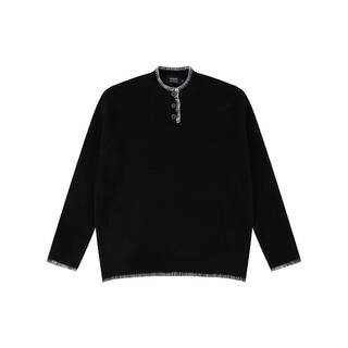 Xiaohongshu's popular american niche design henley collar sweater for men and women, loose and lazy atmosphere, round neck wool, black, m, one size fits all