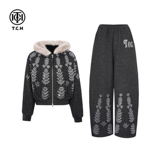 Tch hooded suit for women 25 years autumn and winter hot diamond fur collar simple style slimming temperament luxury style elegant style two-piece set gray l