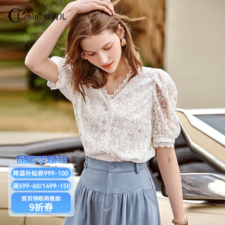 Olrain autumn and summer french lace shirt v-neck puff sleeve cardigan western style loose top white s 155/80a