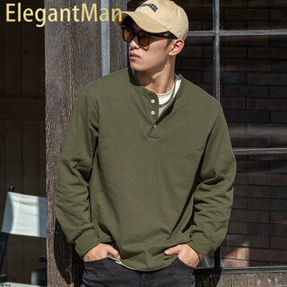 Elegantman american retro henley shirt men's army green 280g heavyweight long-sleeved t-shirt cotton bottoming shirt 2025 winter season men's military green s