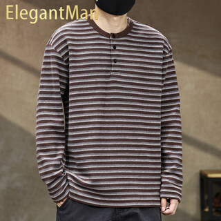 Elegantman american henry collar striped long-sleeved t-shirt men's spring and autumn new loose versatile bottoming shirt t-shirt coffee_360g heavy weight m_-130jin jin equals 0.5 kg