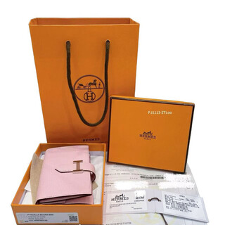 Hermes second-hand 99 new unused hermès bearn card holder with coin purse 3q cherry blossom pink silver buckle goatskin women's bag 99 new/unused women's card holder