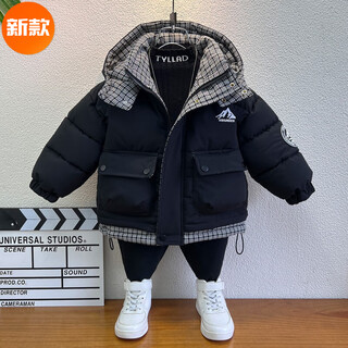Almighty little yellow duck boys thickened cotton clothes 2025 red plaid winter clothes black 130 cm