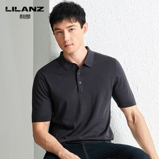 利郎男士精纺羊毛衫短袖翻领纯色春秋薄款针织衫半袖t恤 铁灰 薄款 M (165)