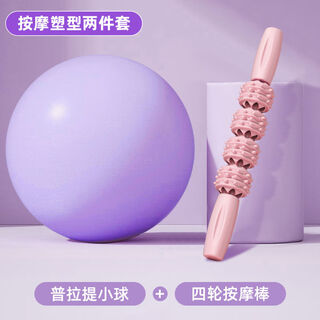 Pelvic floor training muscle pilates small ball shaping fitness ball wasp waist hip elastic ball yoga equipment thickened explosion-proof massage shaping 2-piece hip ball set - purple + 4-wheel massage stick
