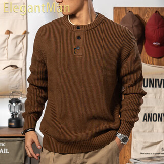 Elegantman henry collar sweater men's winter lazy style thickened tough guy loose knitted sweater jacket men's autumn and winter khaki s _suitable for 90-119jin jin is equal to 0.5 kg