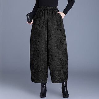 Thickened cotton trousers for women, national style, winter embossed women's trousers, rose jacquard, cotton, thickened wide-leg pants, nine-point bud harem, black, single layer, 3xl, recommended 145-155jin jin is equal to 0.5kg f