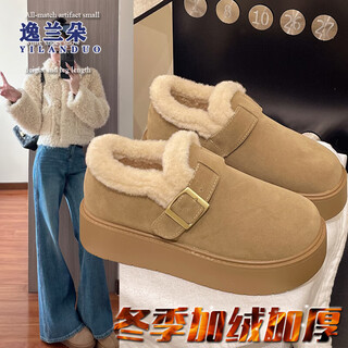Lando velvet thick-soled birkenstock shoes for women 2025 new warm snow boots winter cold-proof plush cotton shoes khaki plus velvet 36 (230mm)