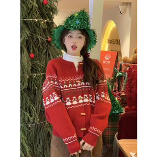 Thinking more about christmas fair isle sweater women's jacket new autumn and winter cardigan new year's sweater red long sleeve top western style fair isle horn button sweater red one size recommended 80-120 jin jin equals 0.5 kg
