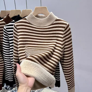 Yu zhaolin (yuzhaolin) velvet half-turtleneck sweater for women all-in-one velvet thickened autumn and winter 2025 new top striped inner bottoming sweater