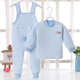 Lei lei duck children's three-layer thermal underwear set, thickened quilted boys and girls, colorful cotton open straps, plus velvet autumn clothes and long pants, blue (strap style) 90