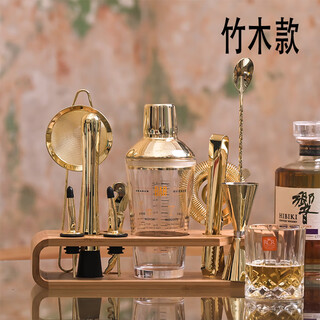 Clcey cocktail shaker set gold 304 stainless steel glass scale gift box drink mixing tool shaker cup segmented glass set (bamboo and peach wood frame)