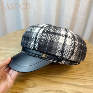 Sasocdpu leather octagonal hat women's autumn and winter retro british plaid woolen beret versatile beret trend black one size adult 54-60