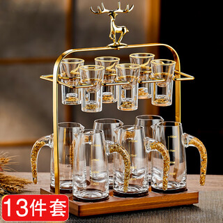 Lekali high-end white wine glass set light luxury household gold foil wine dispenser wine set with cup holder wine measuring device glass wine glass 13-piece set 6 pots 6 cups gold foil style + deer head storage rack
